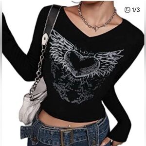 Black Long Sleeve grunge crop Top with Heart and Wings Design